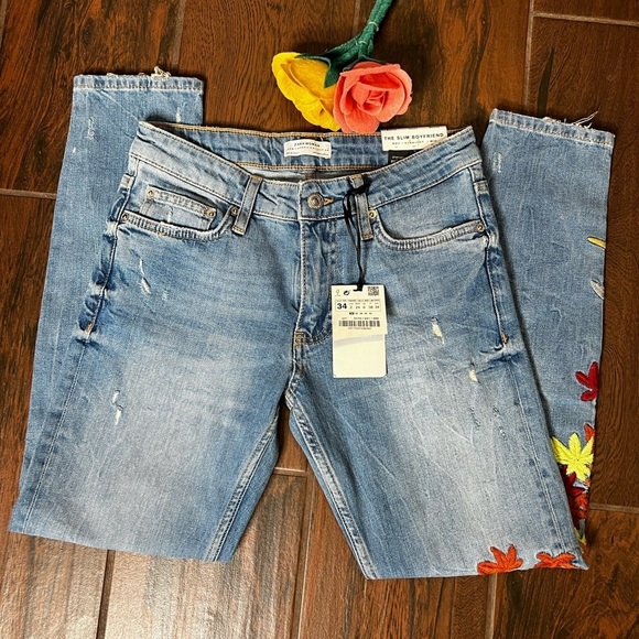 Zara Slim Boyfriend Denim Jeans With Embroidery - Picture 4 of 6